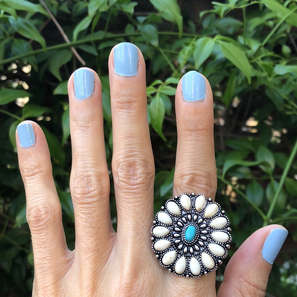Cream + Turquoise Boho Flower Statement Ring - image 6